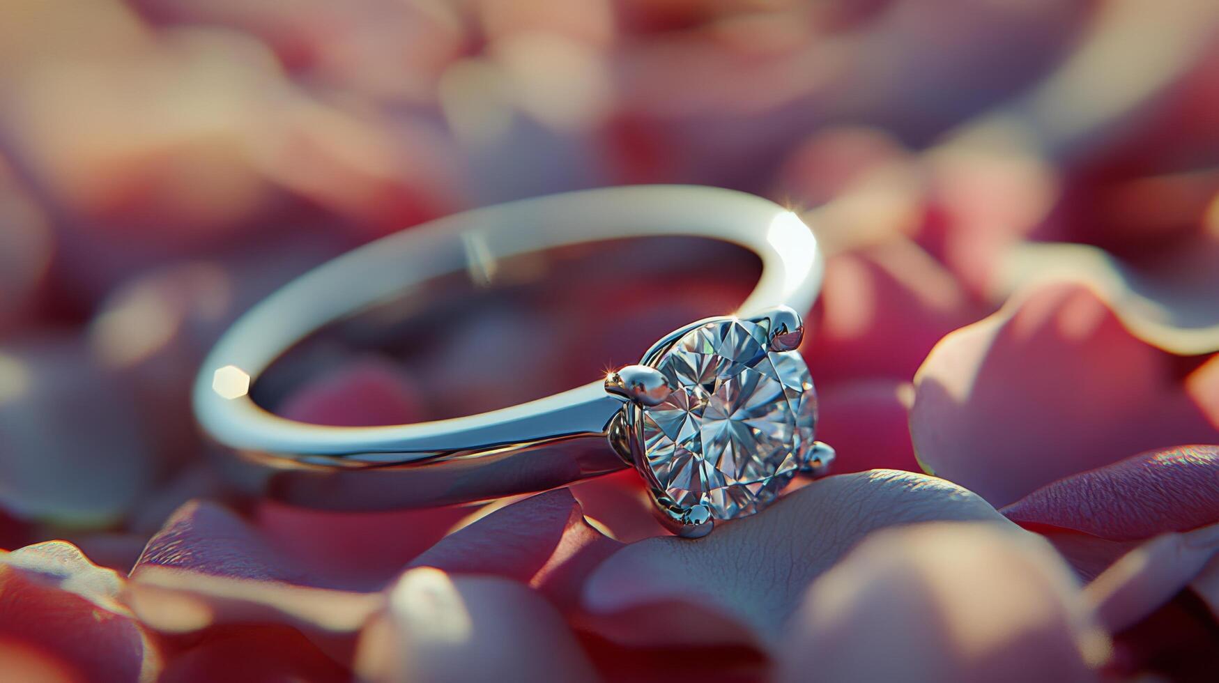 Elegant diamond ring placed on soft pink petals for a romantic display in natural light photo