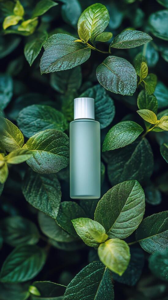 Green bottle surrounded by lush leaves in a natural setting showcasing eco-friendly products photo