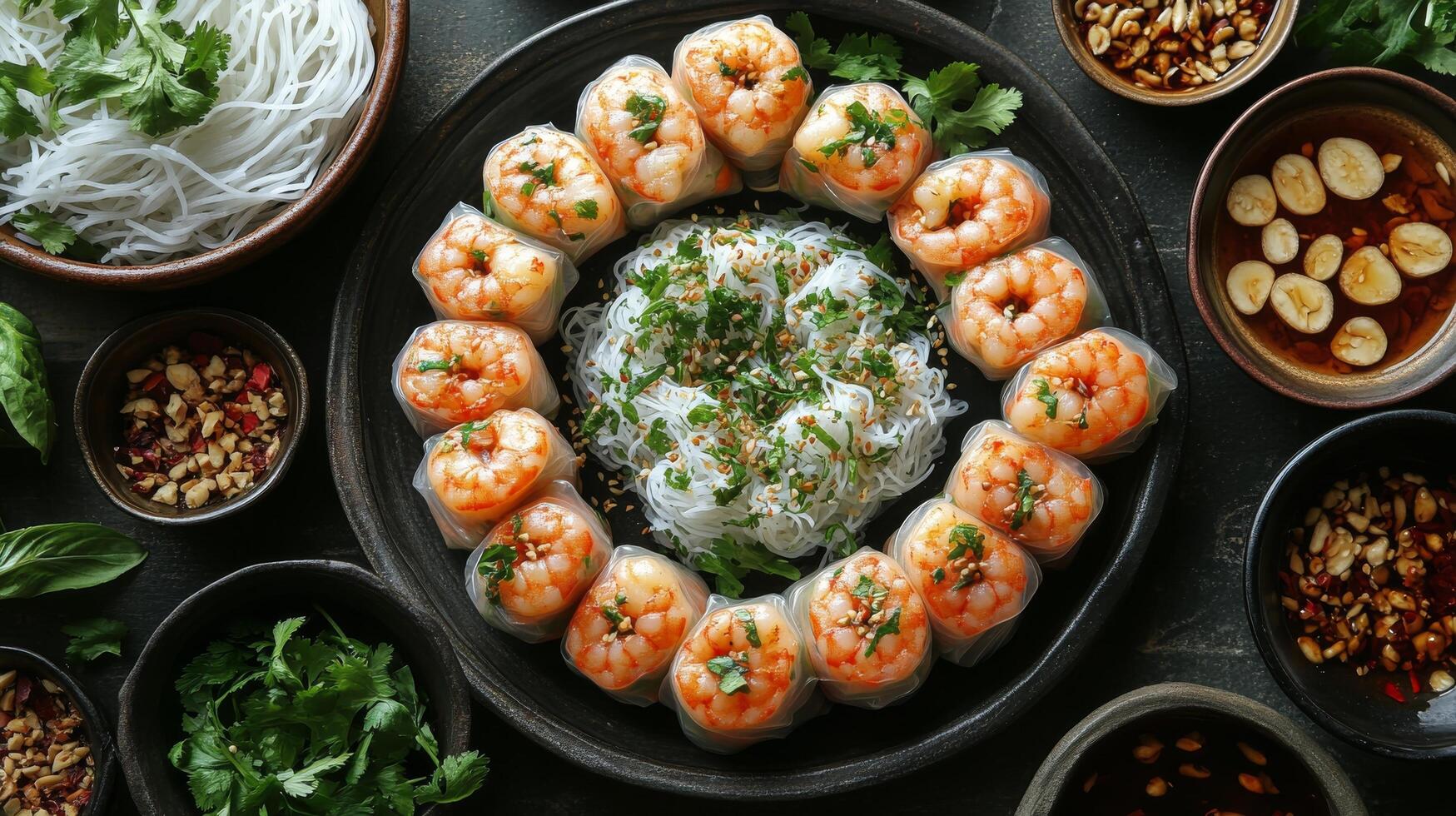 Shrimp spring rolls served with rice noodles and various dipping sauces on a dark table photo