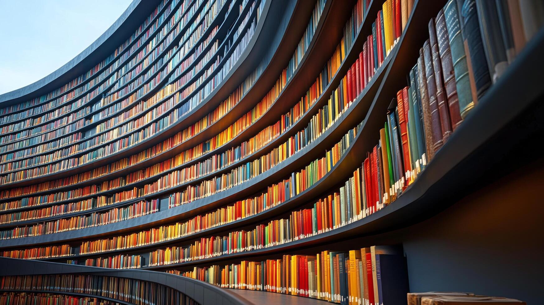 Long corridor lined with shelves filled with colorful books in an old library setting photo