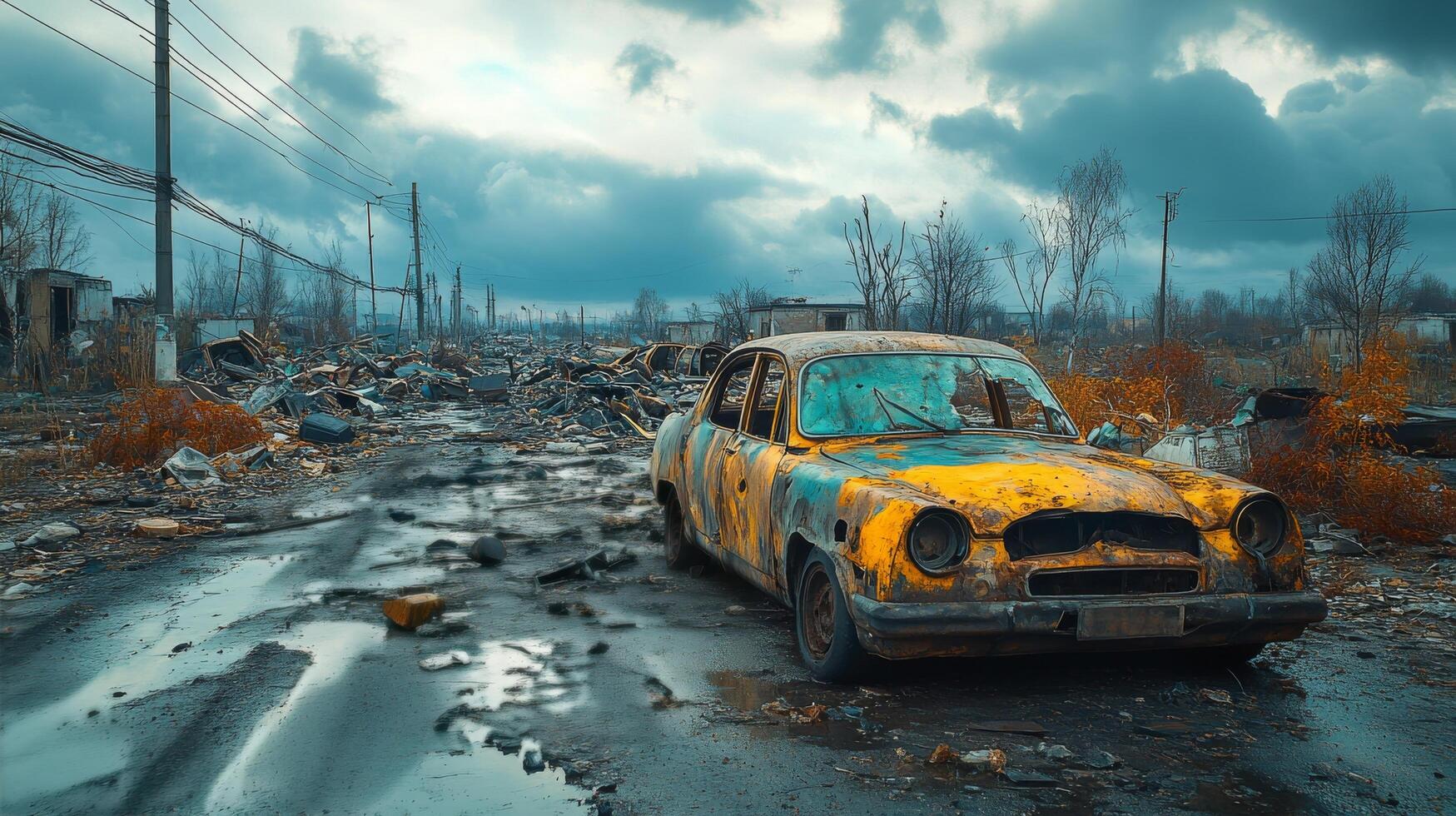 Abandoned street in an overgrown settlement under a cloudy sky photo