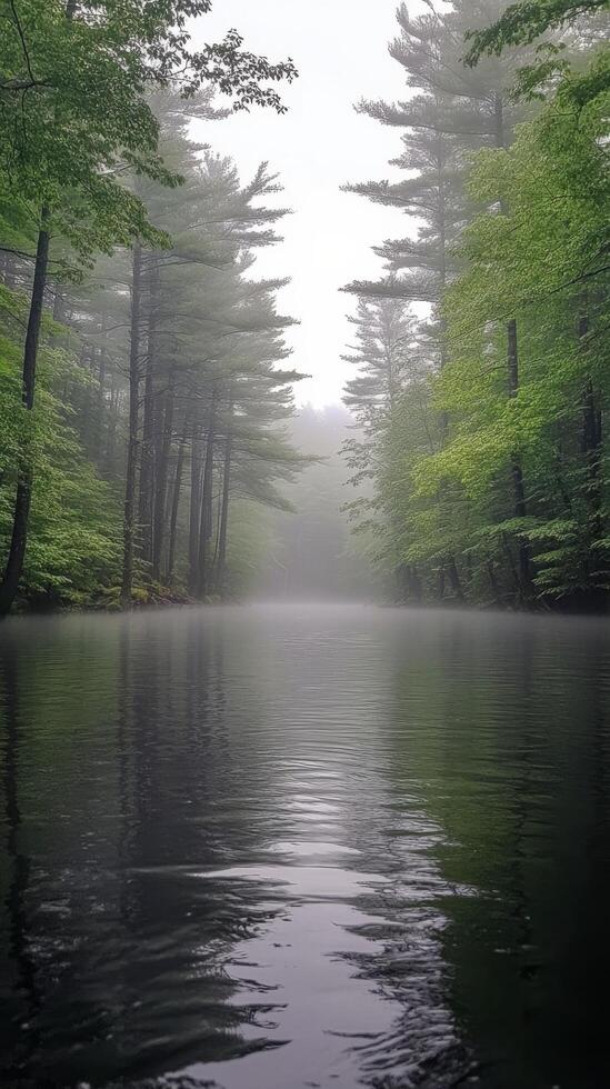 Calm, misty river surrounded by lush greenery in a serene forest setting photo