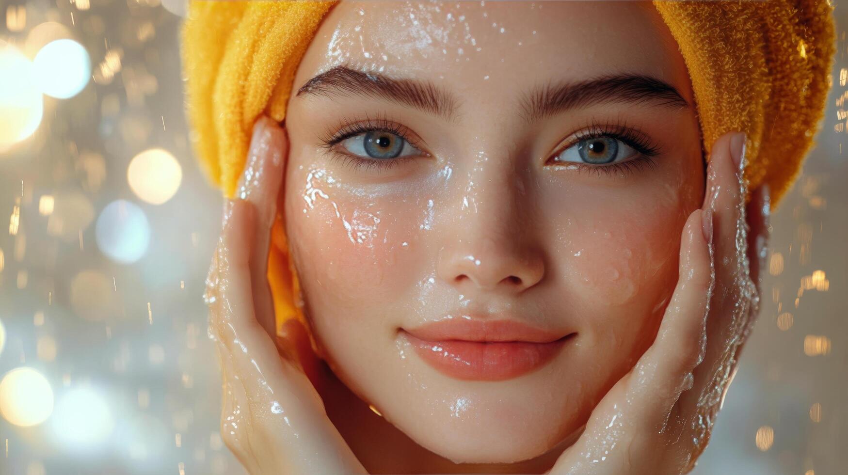 Young woman enjoying skincare routine at home in cozy pink setting with facial mask applied photo