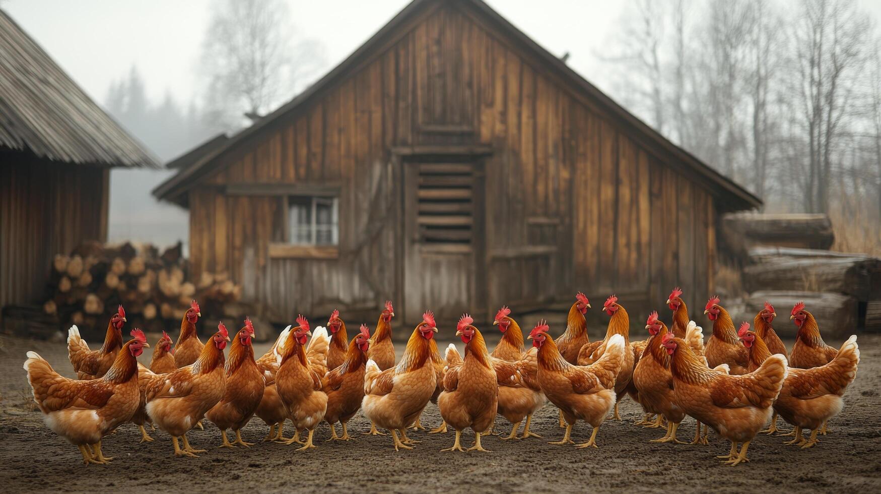 Flock of brown hens roaming freely near a rustic wooden barn in early morning light photo