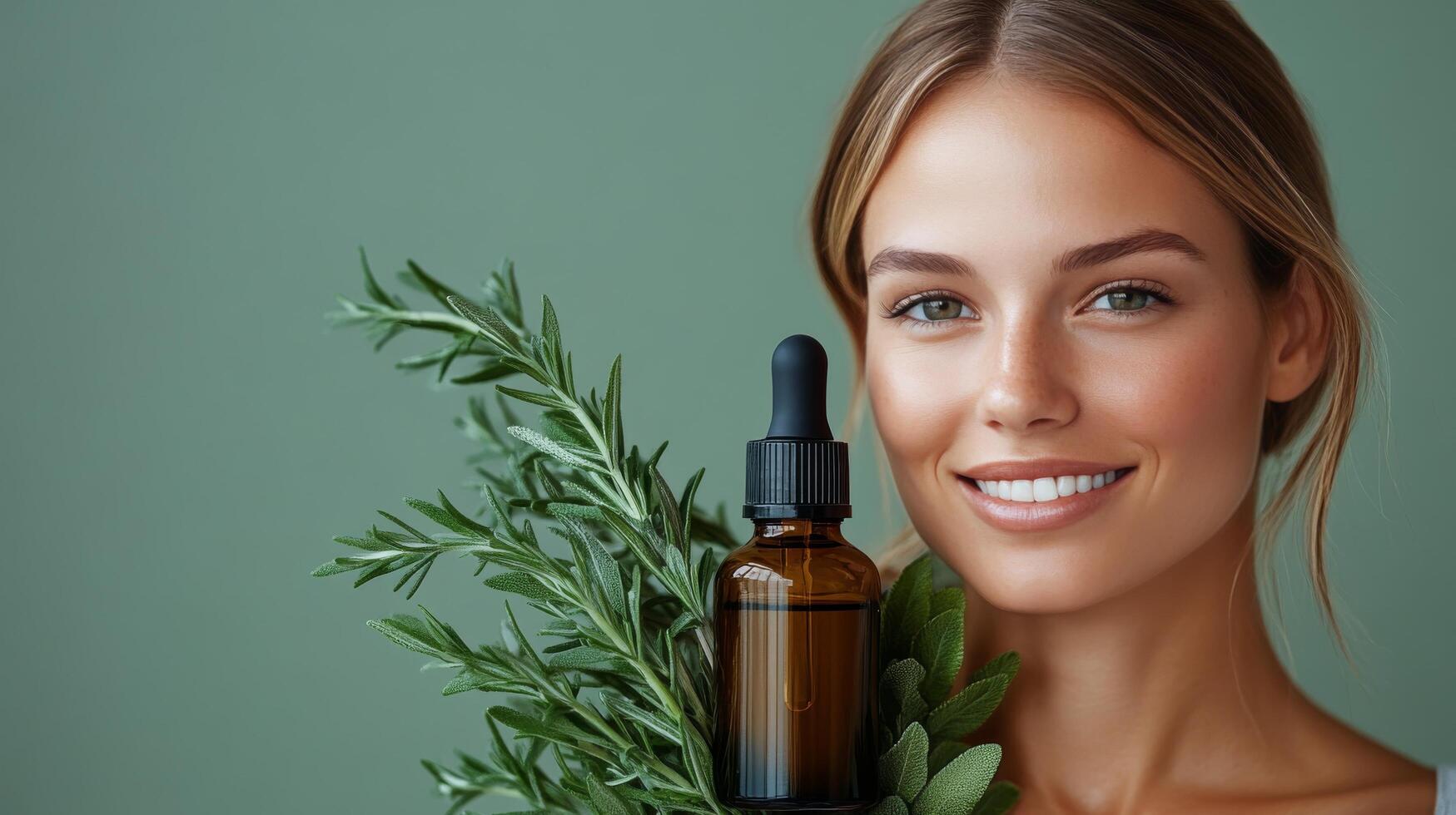 Natural skincare routine featuring herbal ingredients and a smiling woman in a minimalist setting photo