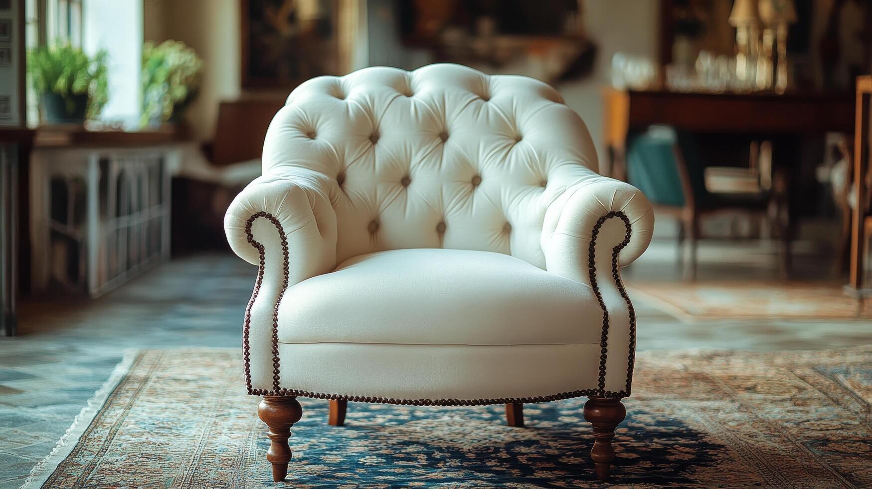 Elegant white tufted armchair in a cozy, well-lit living space featuring soft textures and rich colors photo