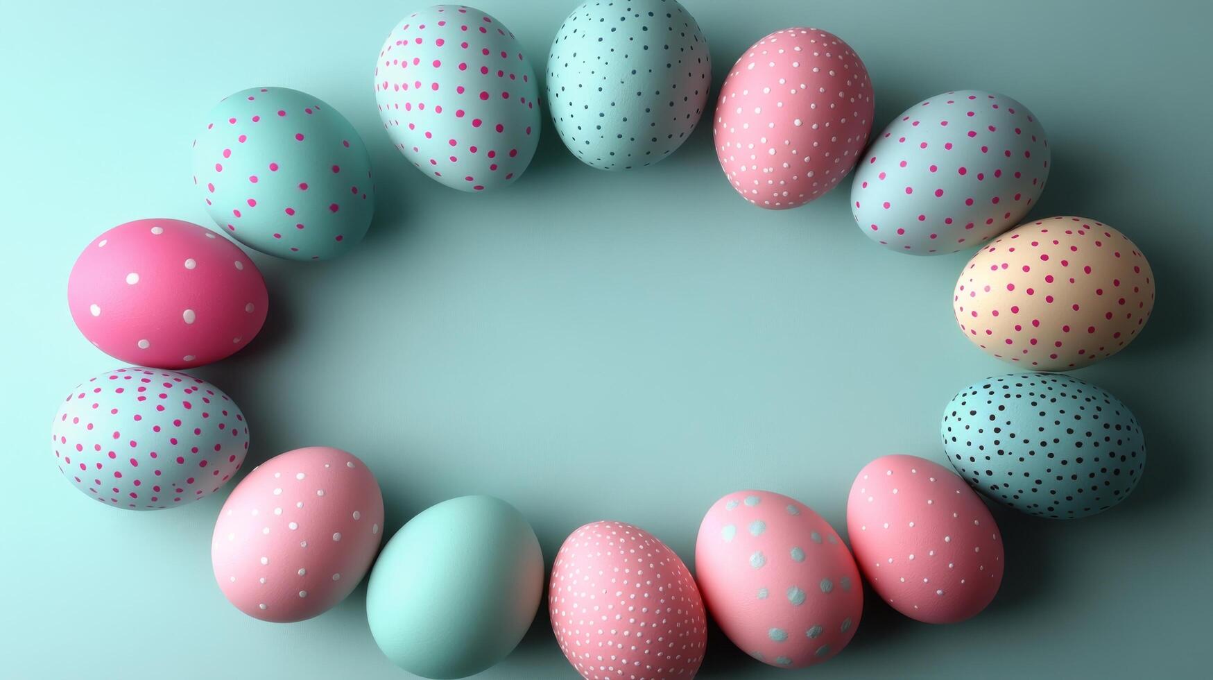 Decorative Easter eggs arranged in a circular pattern on a blue background during spring celebration photo
