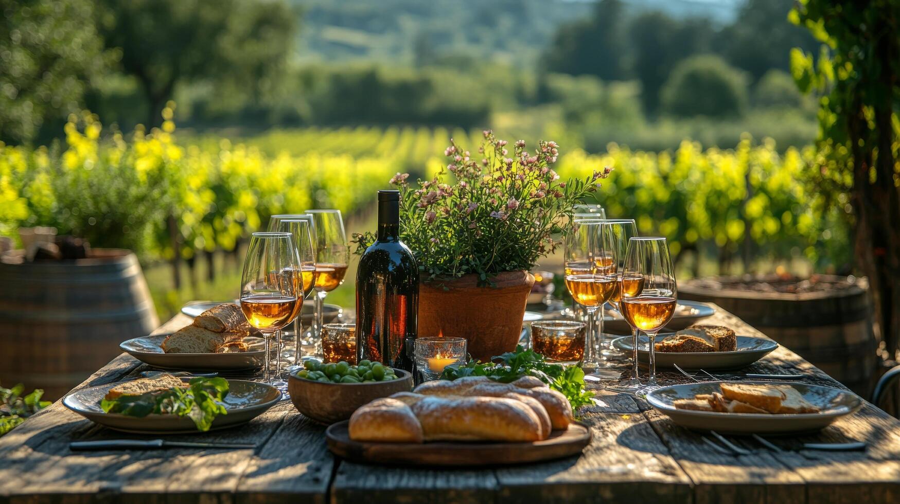 Elegant outdoor dining setup in a vineyard during golden hour with fine wine and fresh bread photo