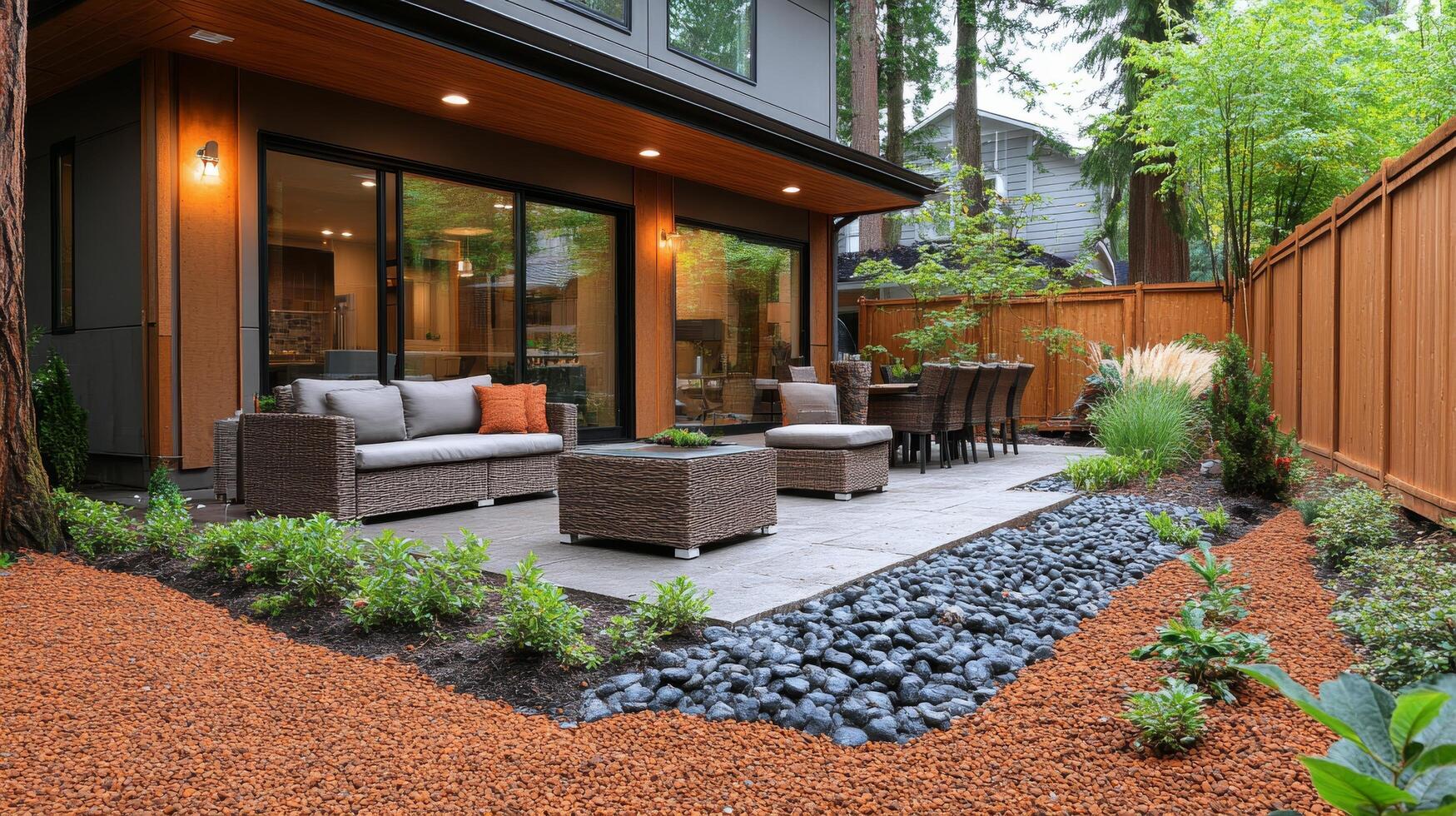 Lush backyard with vibrant plants and cozy seating area in a serene garden setting photo