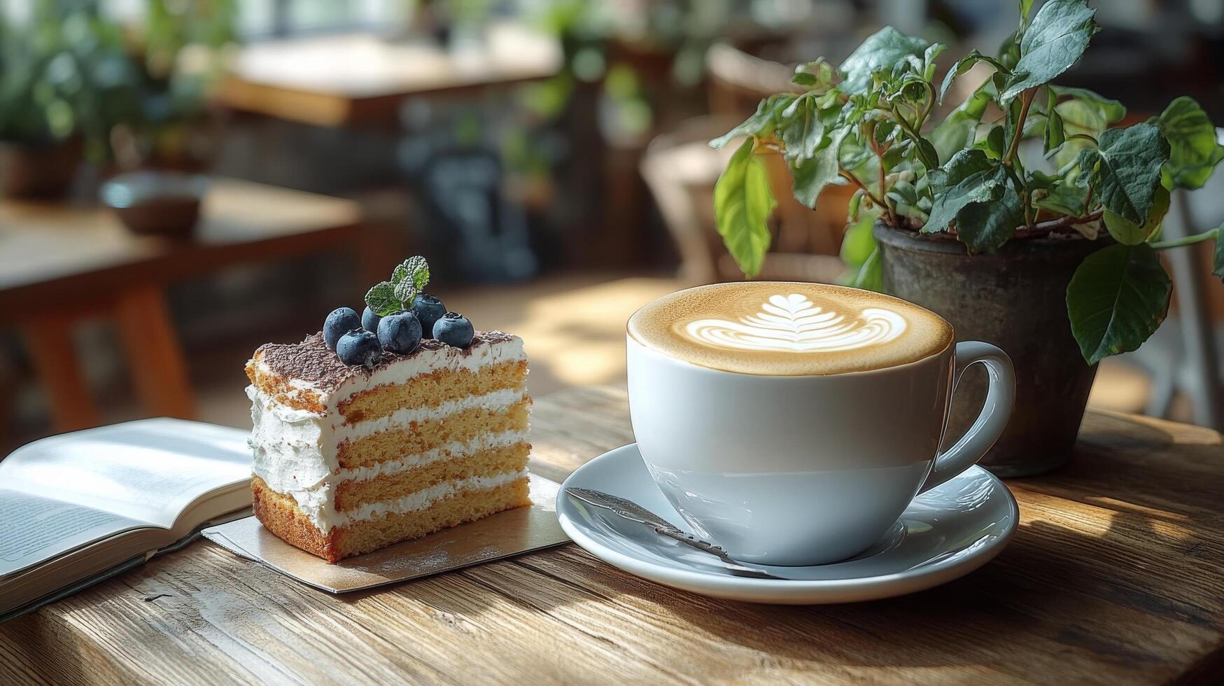 Delicious layers of cake paired with a latte in a cozy cafe setting during afternoon hours photo