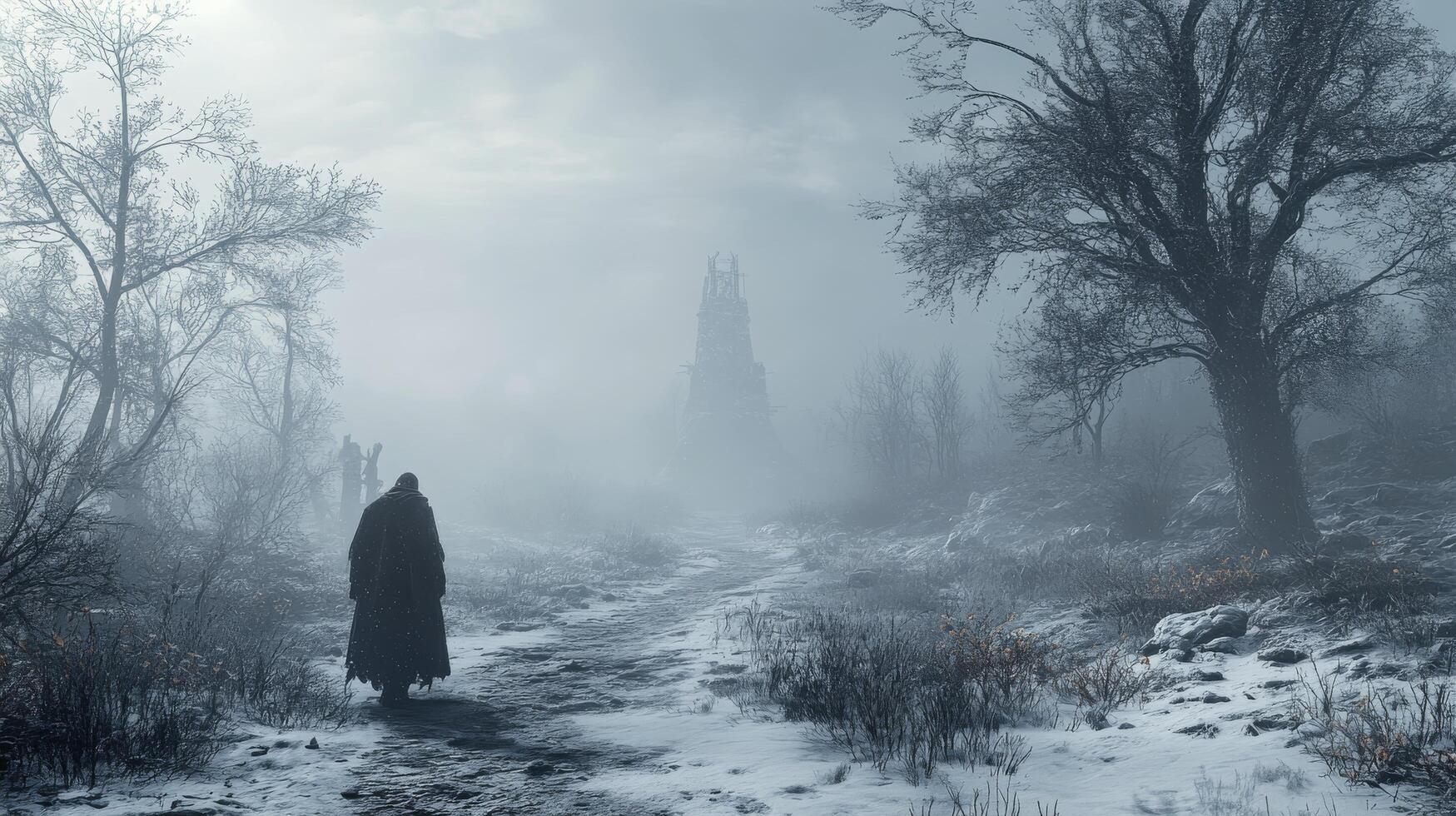 Mysterious figure wandering through a foggy landscape with dark spires in the background photo