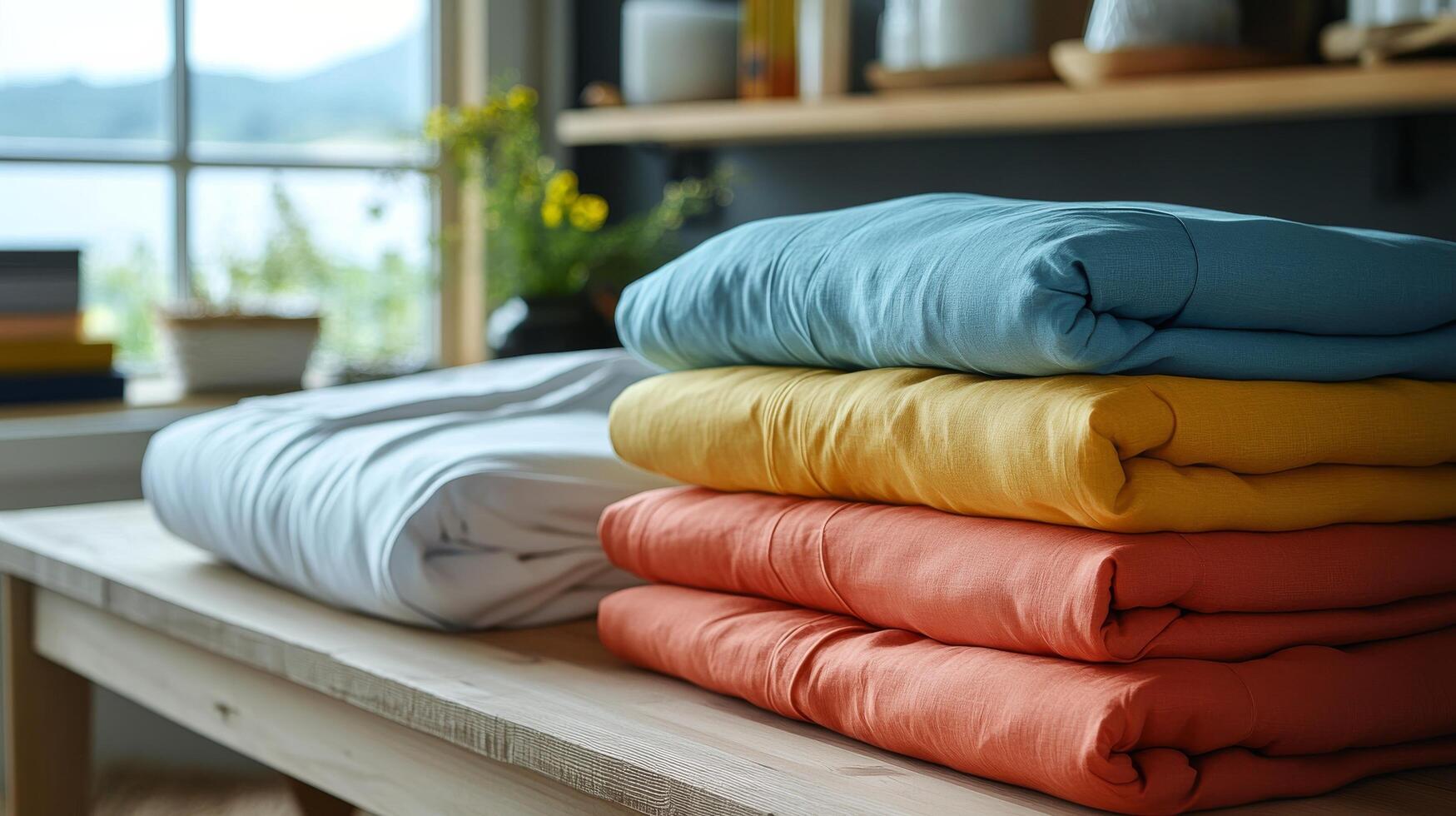 Woman arranging linens in a bright kitchen setting while smiling and enjoying her task photo