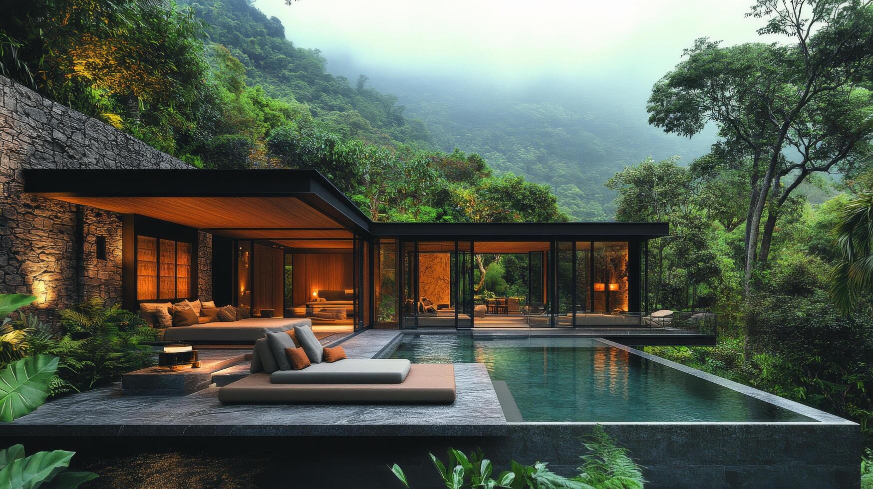 Modern luxury villa nestled in lush greenery amid misty mountains around sunset photo