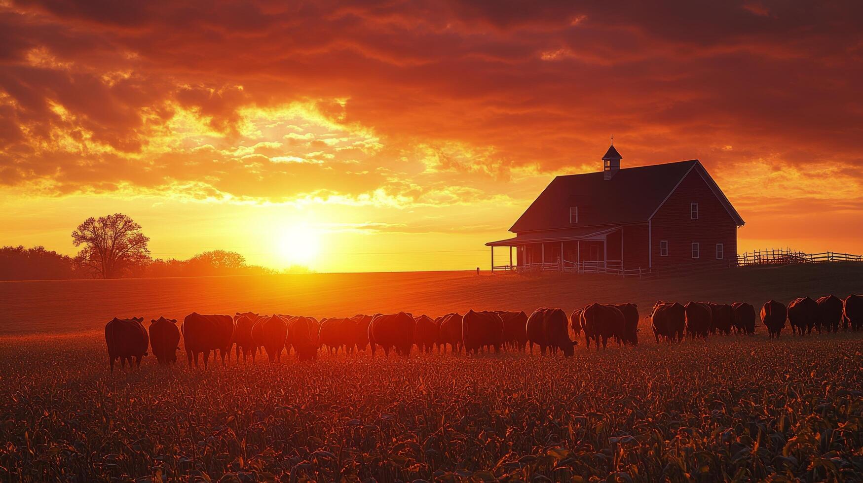Cows standing in a field against a stunning sunset in the countryside photo