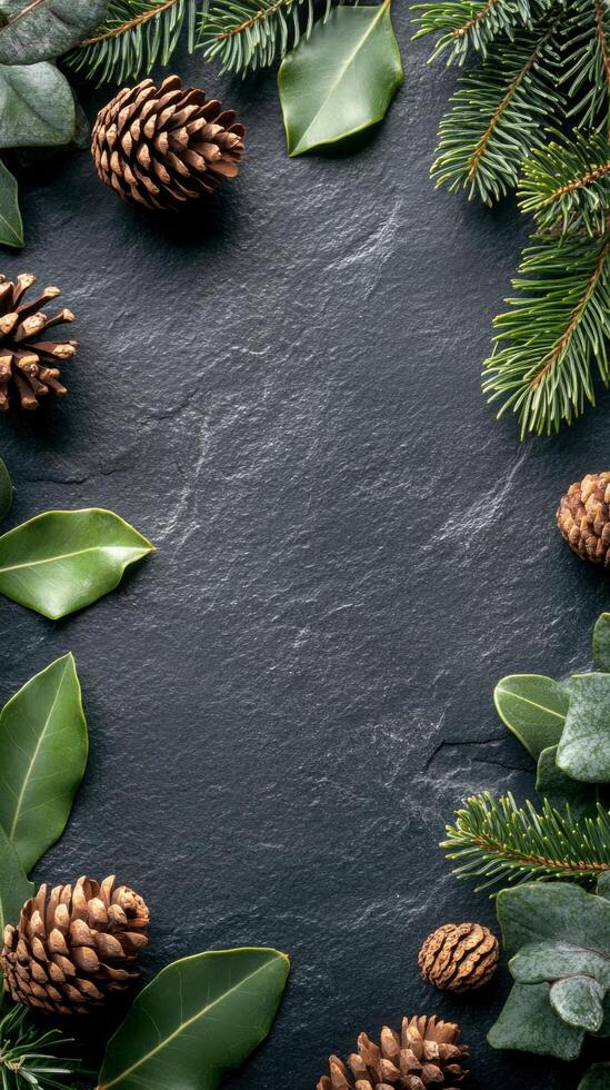 Natural pinecones arranged among green leaves on dark slate background for decorative display photo