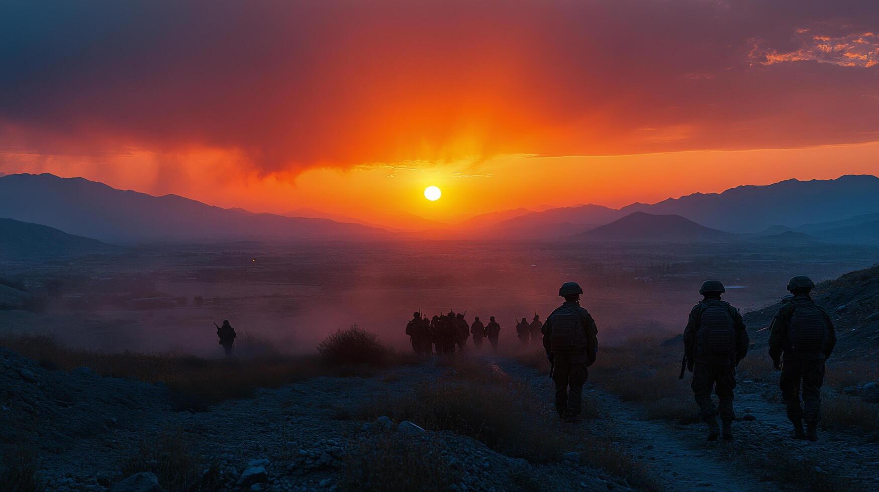 Soldiers march toward a vibrant sunset in a mountainous landscape photo