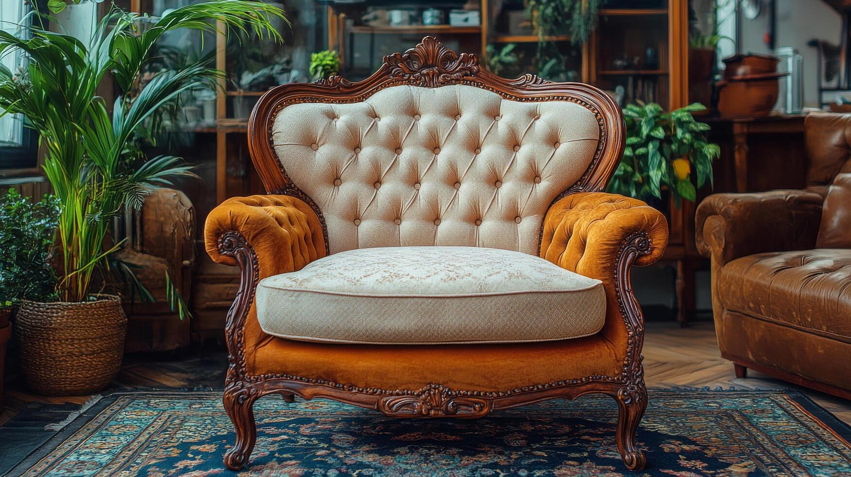 Elegant vintage tufted loveseat in a cozy, sunlit room surrounded by greenery and rustic decor photo