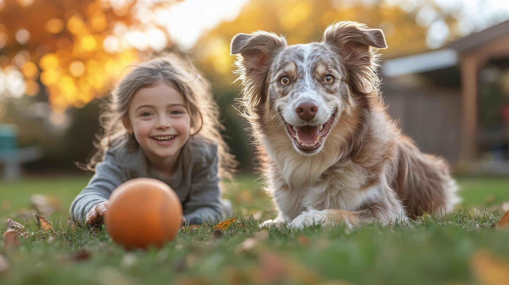 Happy girl and dog playing with a ball in autumn park photo