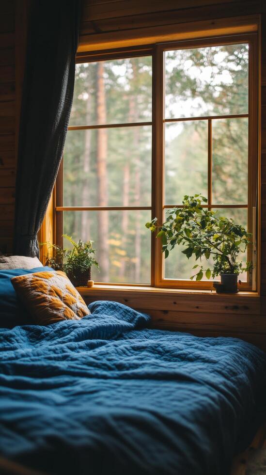 Cozy bedroom with plants and golden sunlight filtering through large windows in a peaceful setting photo