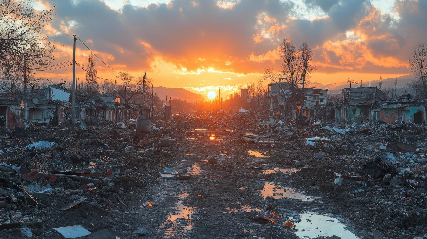Destruction in an urban landscape with debris and stagnant water in a war-torn area photo