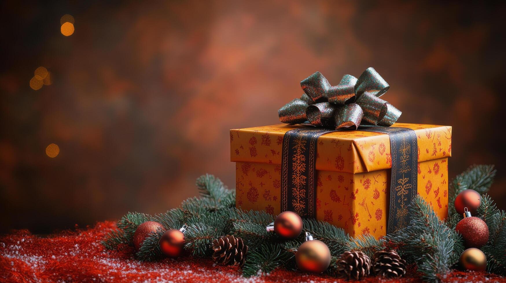 Gift box with red ribbon surrounded by festive decorations and falling snowflakes during holiday season photo