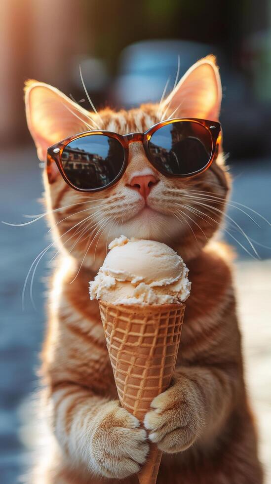 Cat wearing sunglasses happily enjoys ice cream cone on a sunny day photo