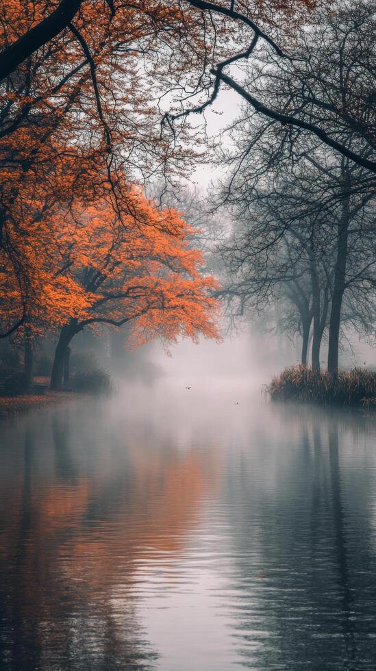 Calm, misty river surrounded by lush greenery in a serene forest setting photo