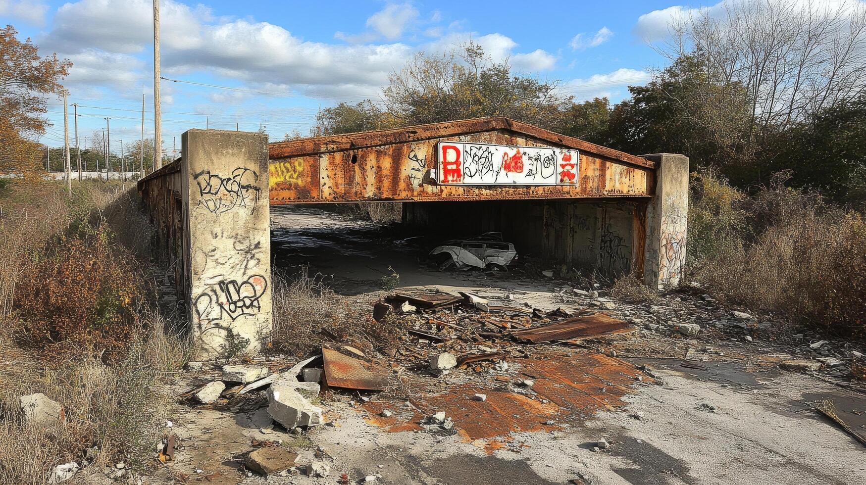 Deteriorated road with severe damage and rusted surface in rural area during winter photo