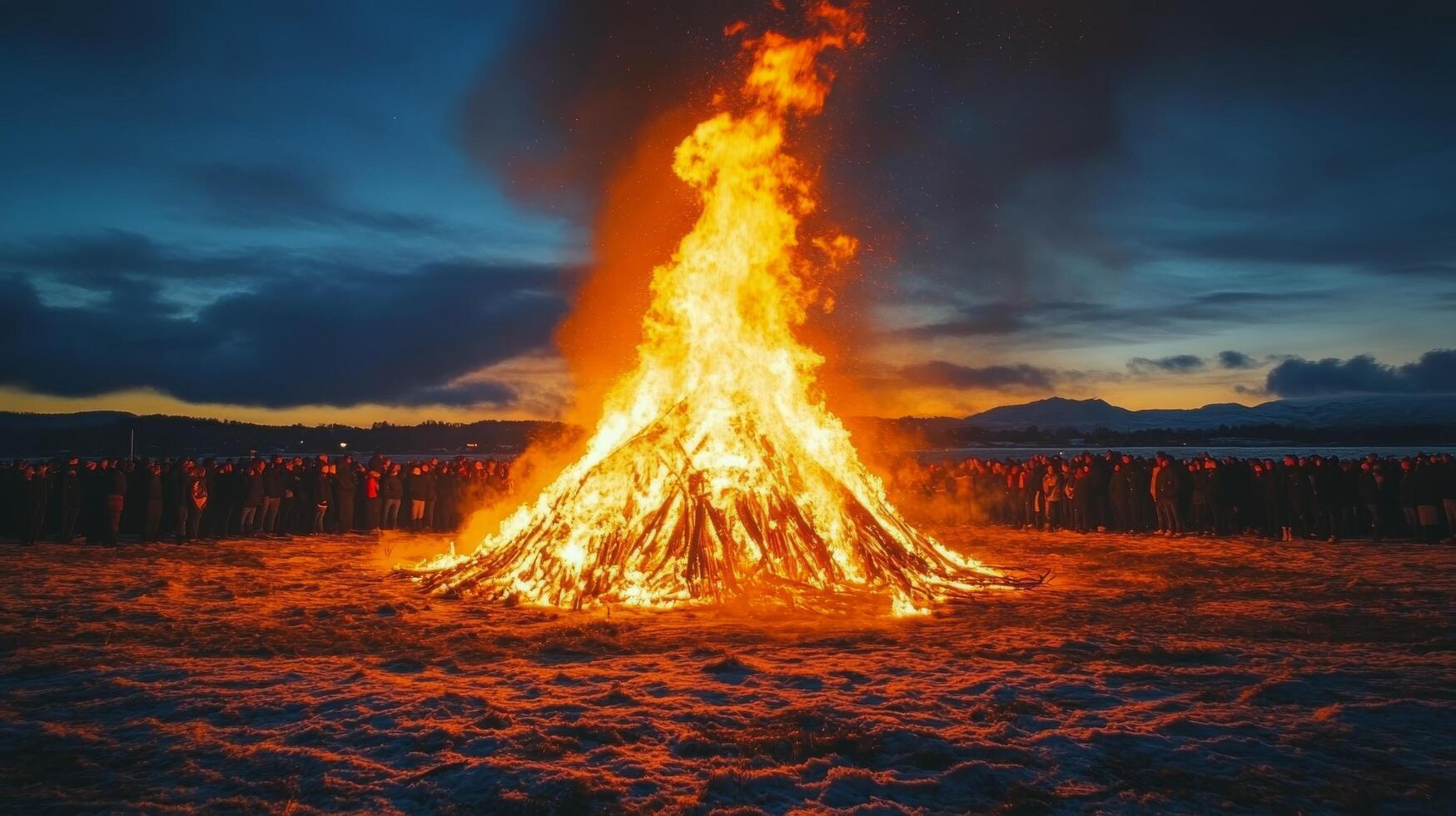 Crowd gathered around a large bonfire during an evening celebration in a natural setting photo
