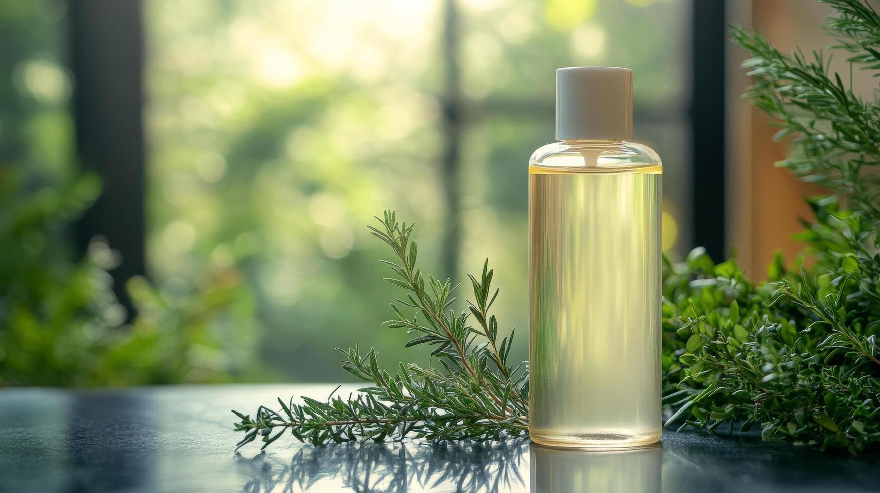 Natural skincare routine featuring herbal ingredients and a smiling woman in a minimalist setting photo