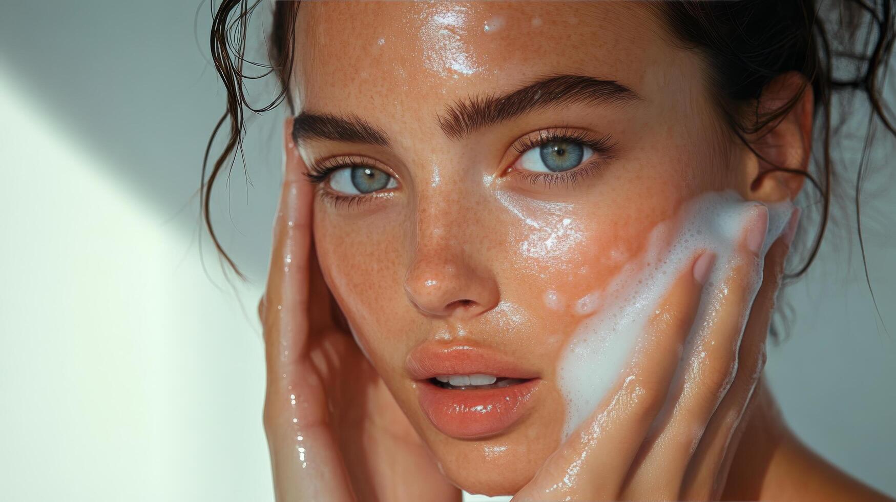 Close-up of a young woman with dewy skin and curly hair highlighting a fresh and radiant look photo