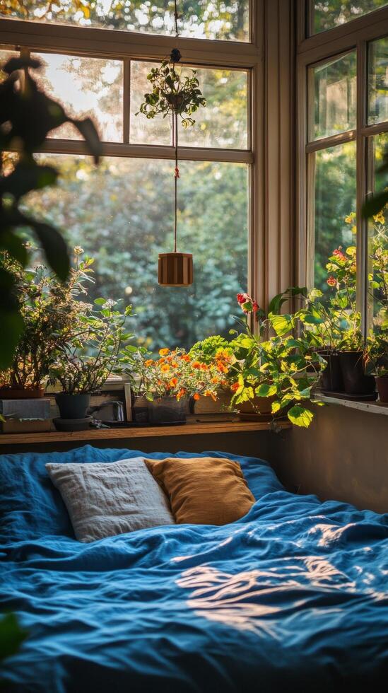 Cozy bedroom with plants and golden sunlight filtering through large windows in a peaceful setting photo