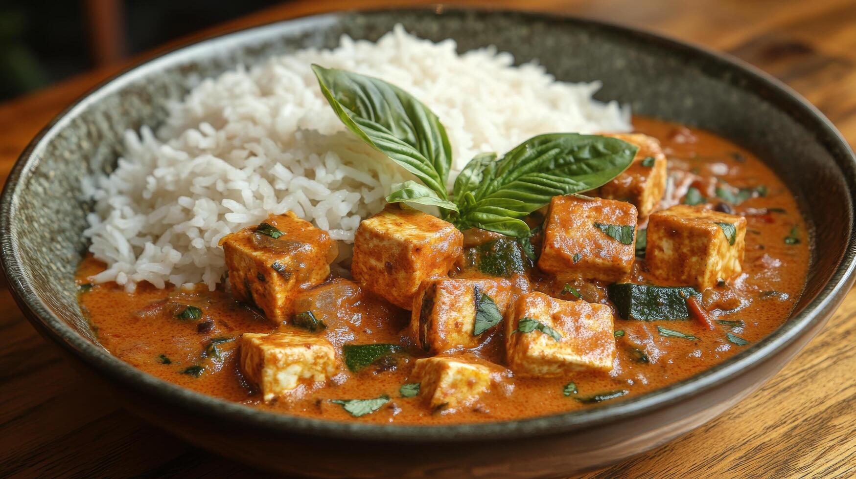 Creamy curry with tofu served over fluffy rice in a rustic bowl photo