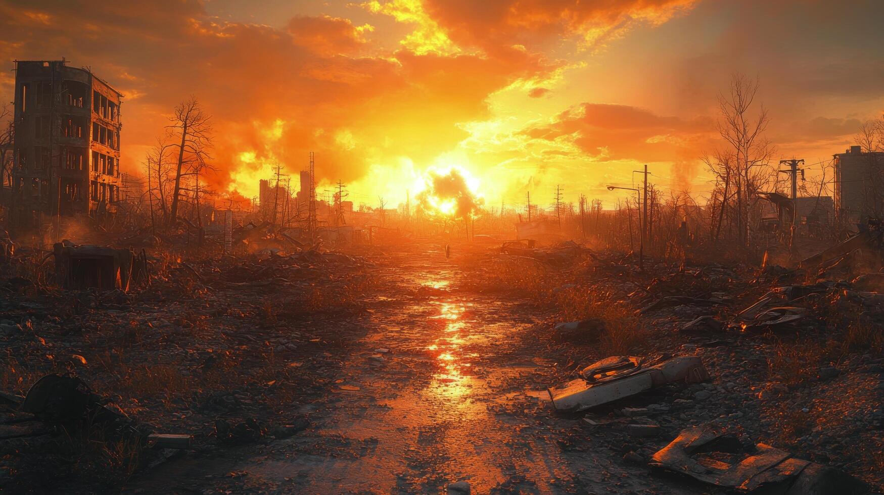Desolate landscape with ruined buildings under a dramatic sunset in a post-apocalyptic setting photo
