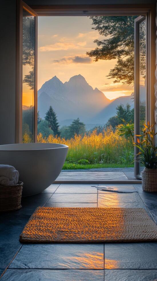 Relaxing bathtub with mountain view in a serene wooden cabin retreat photo