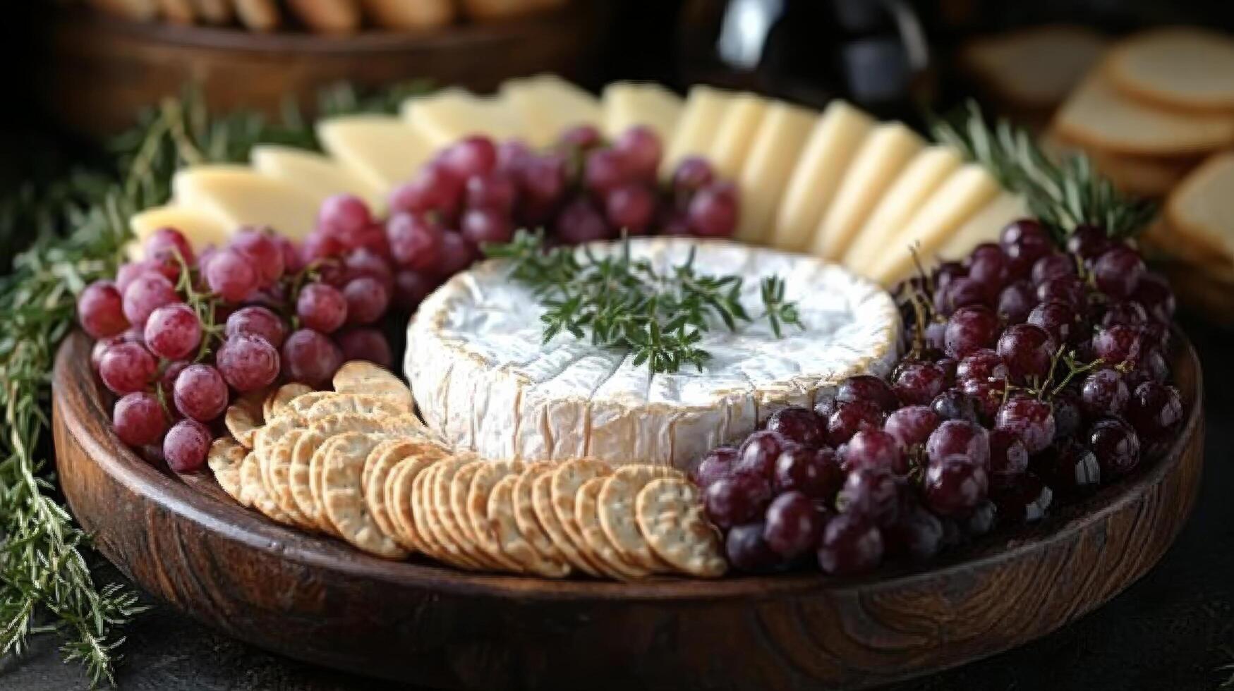 Elegant cheese platter with assorted fruits and crackers for a festive gathering photo