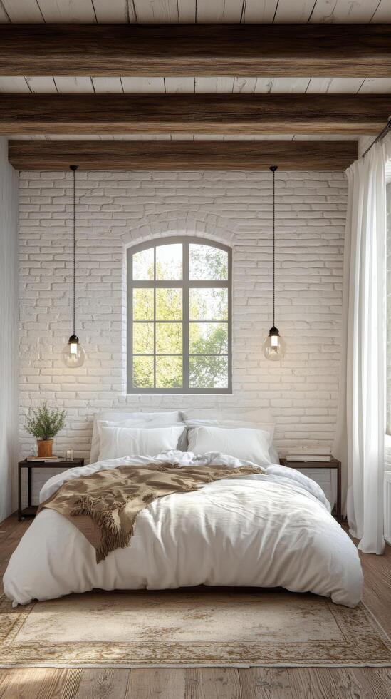 Cozy bedroom with white brick walls and warm textiles in a modern designed space photo