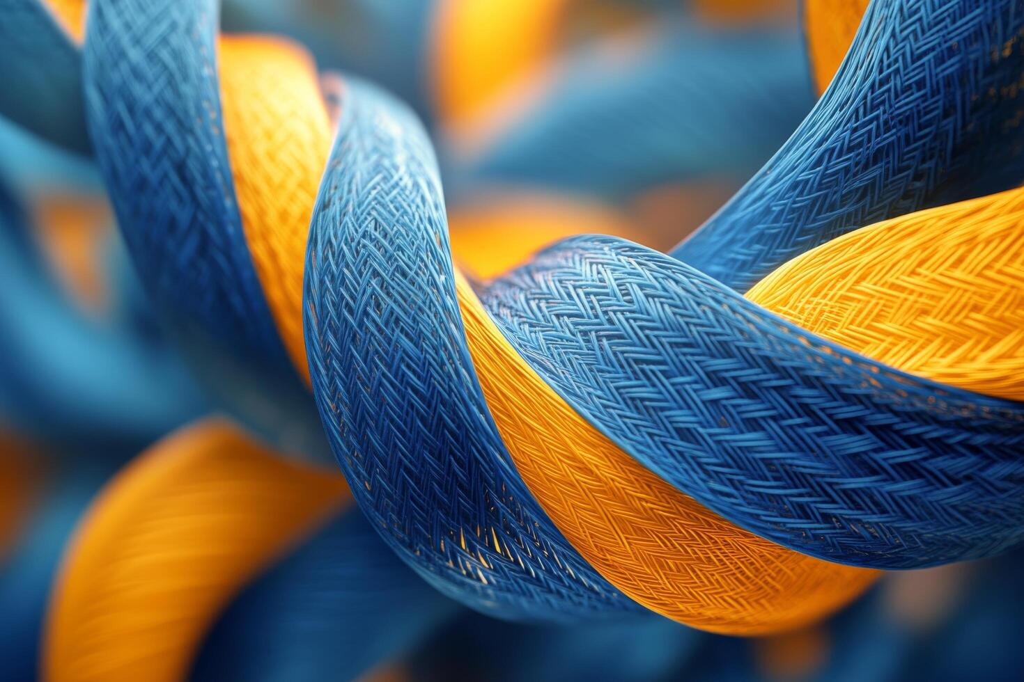 Vibrant blue and yellow twisted fibers create a mesmerizing abstract pattern in close-up view photo
