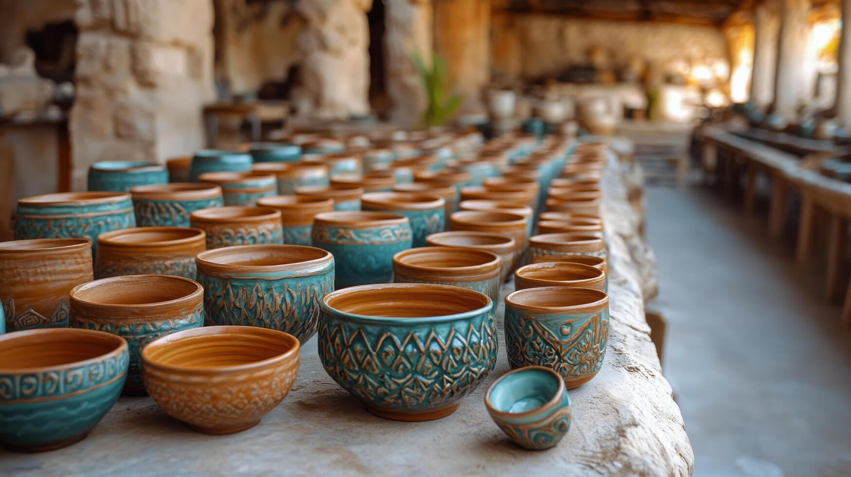 Collection of handcrafted ceramic bowls displayed in a pottery studio during daylight hours photo