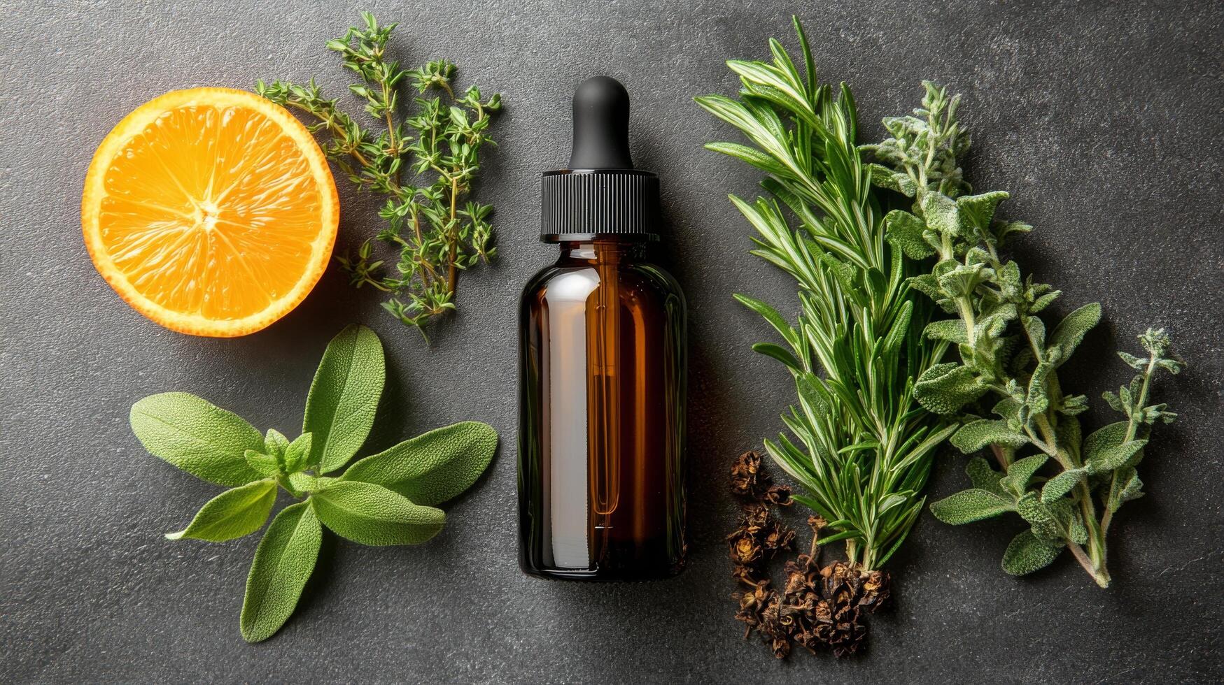 Natural skincare routine featuring herbal ingredients and a smiling woman in a minimalist setting photo