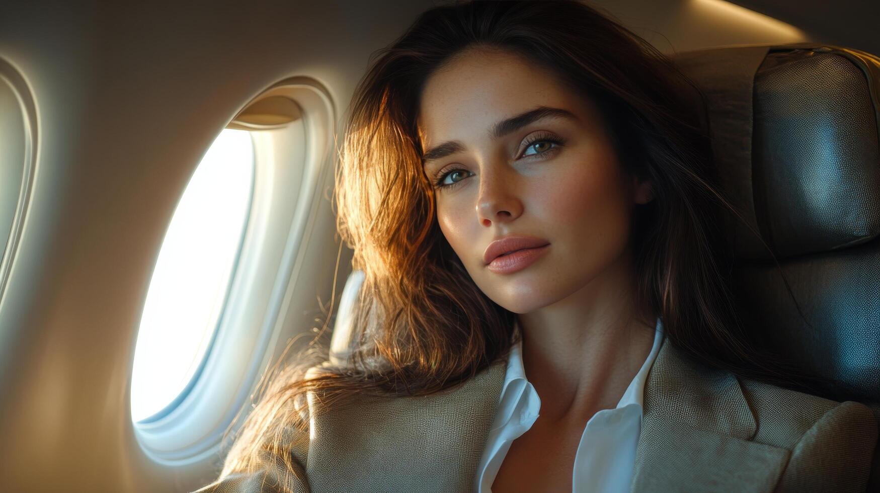 Woman enjoying a comfortable flight while gazing out the airplane window during golden hour photo