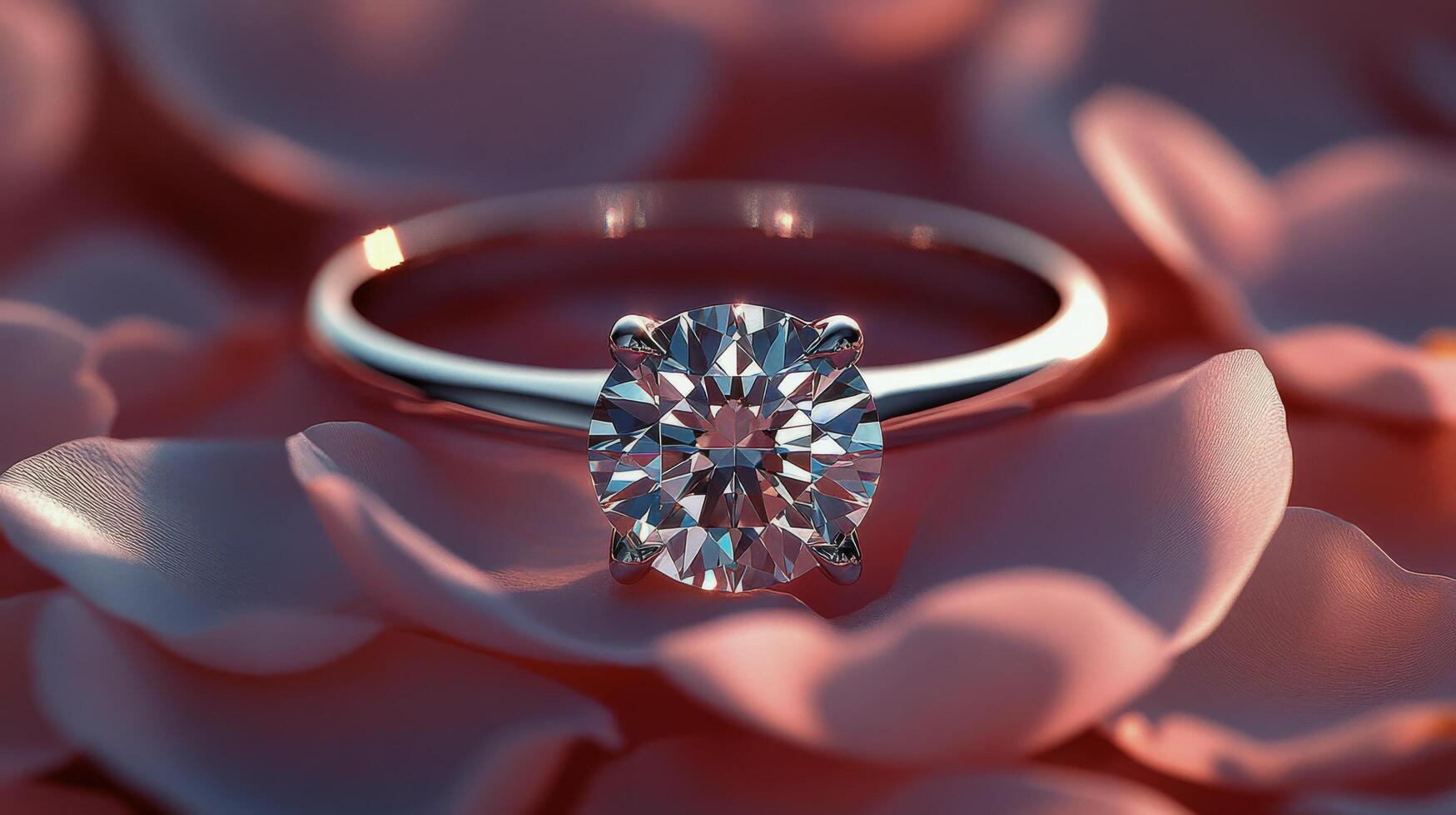 Elegant diamond ring placed on soft pink petals for a romantic display in natural light photo