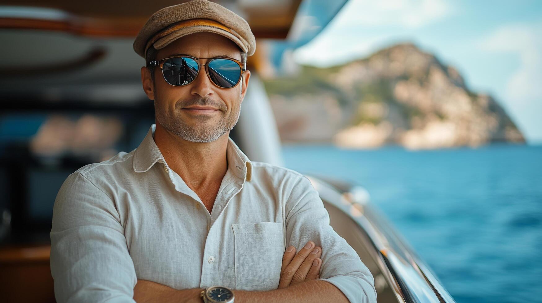 Man enjoying leisure time on yacht with mountainous coastline in background during sunny day photo