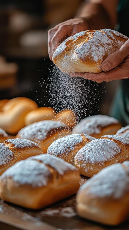 Baker dusts fresh bread rolls with flour in a rustic kitchen setting photo