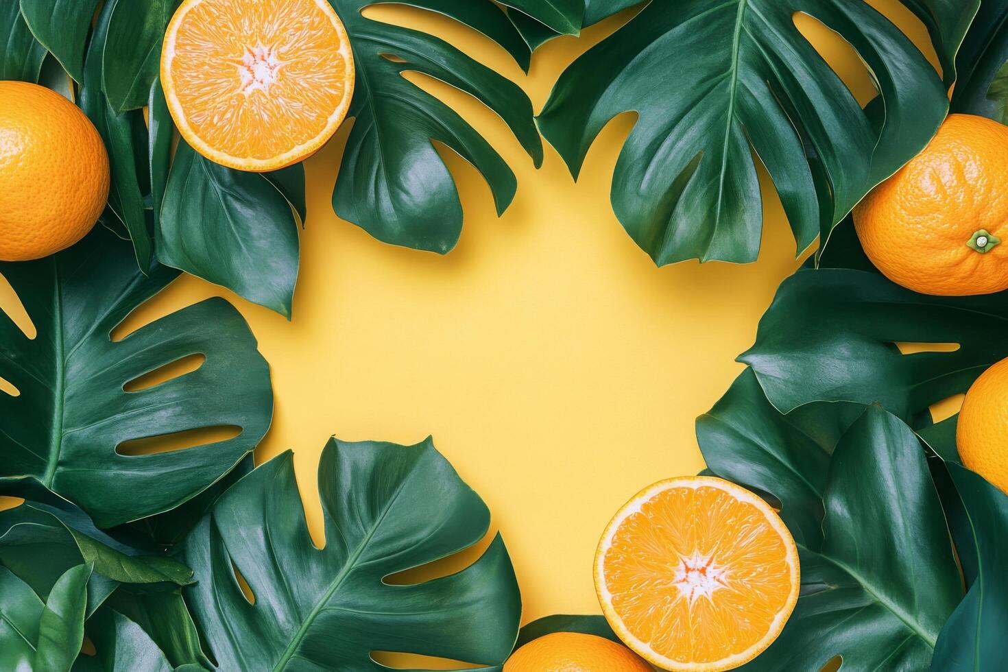 Bright oranges and lush green leaves create a vibrant tropical arrangement on a yellow background photo