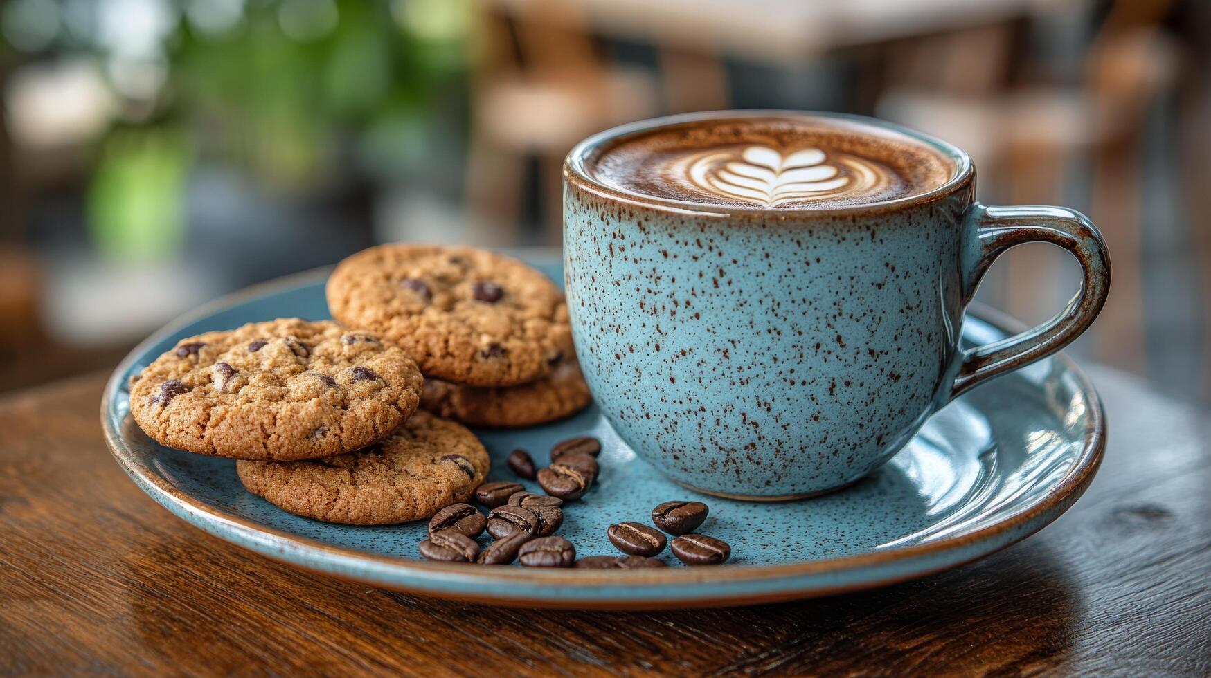 disfrutando café con chocolate chip galletas en un rústico de madera mesa en un acogedor atmósfera foto