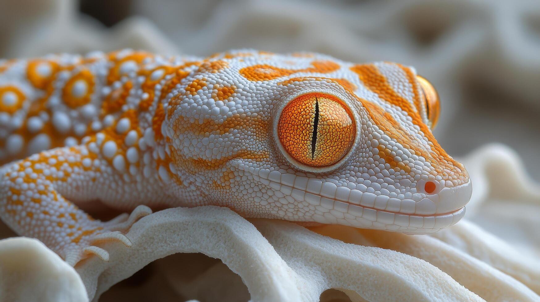 Close-up of a colorful gecko resting on textured rock during daylight hours photo