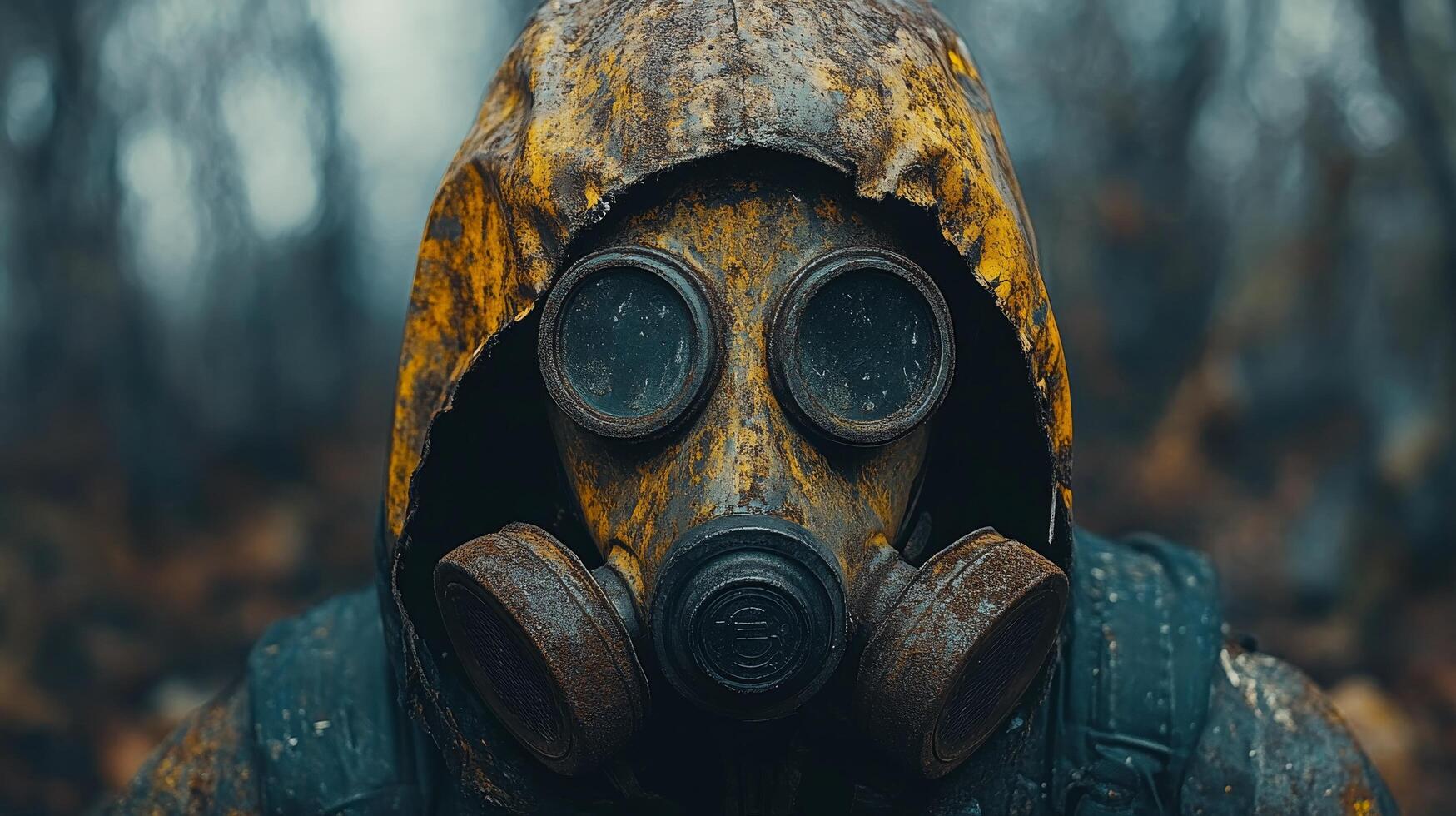 Abandoned gas mask on desolate landscape near waterway in a post-apocalyptic setting photo
