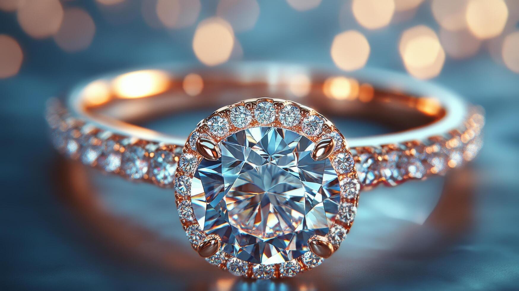 Sparkling diamond engagement ring displayed on a reflective surface with shimmering background lights photo