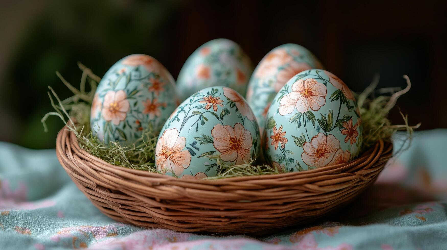 Colorful decorative eggs in a woven basket with flowers on a fabric background during spring season photo